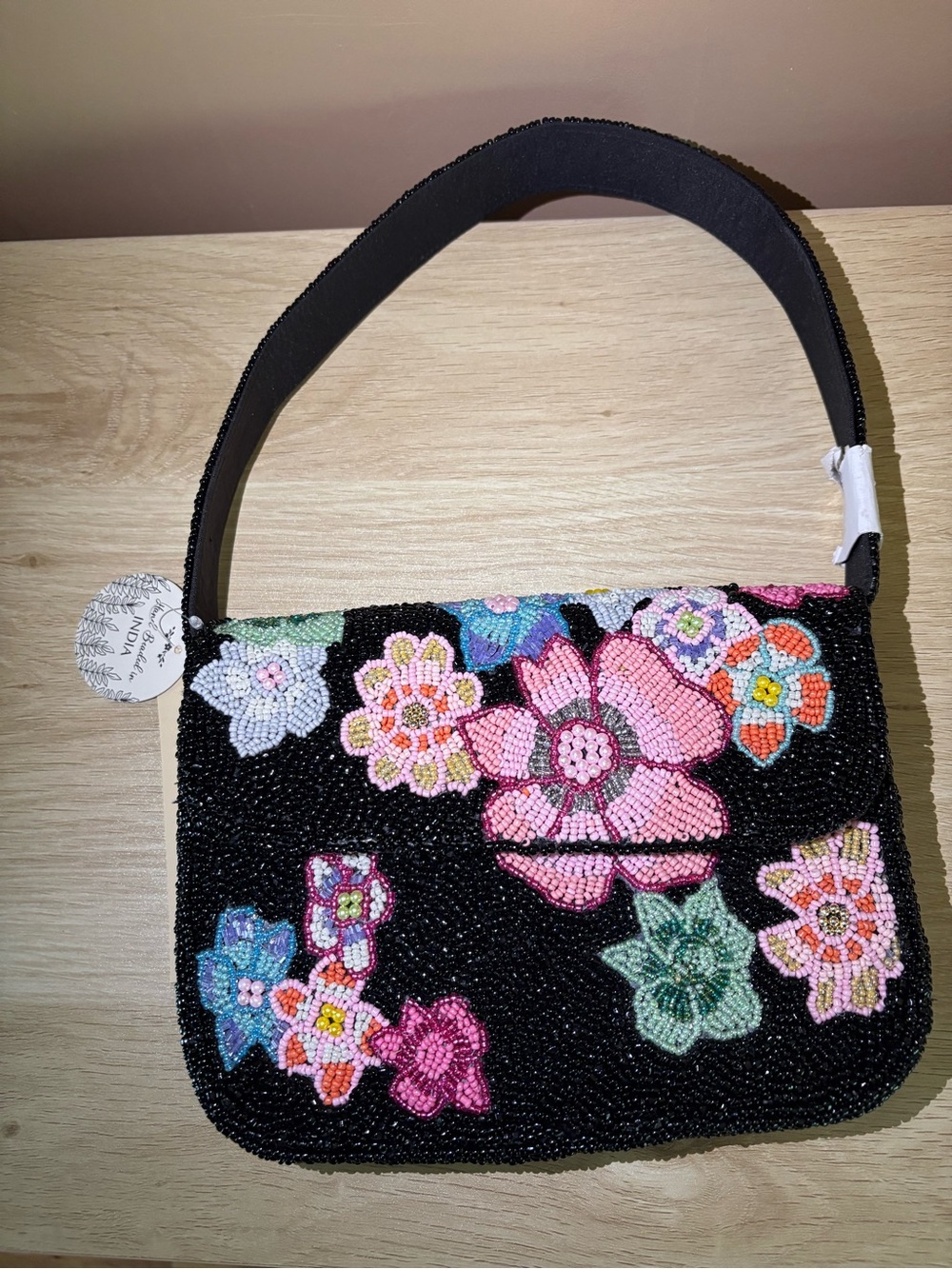 Beaded Floral Shoulder Bag - Black with Multicolor Flowers - Picture 3 of 7
